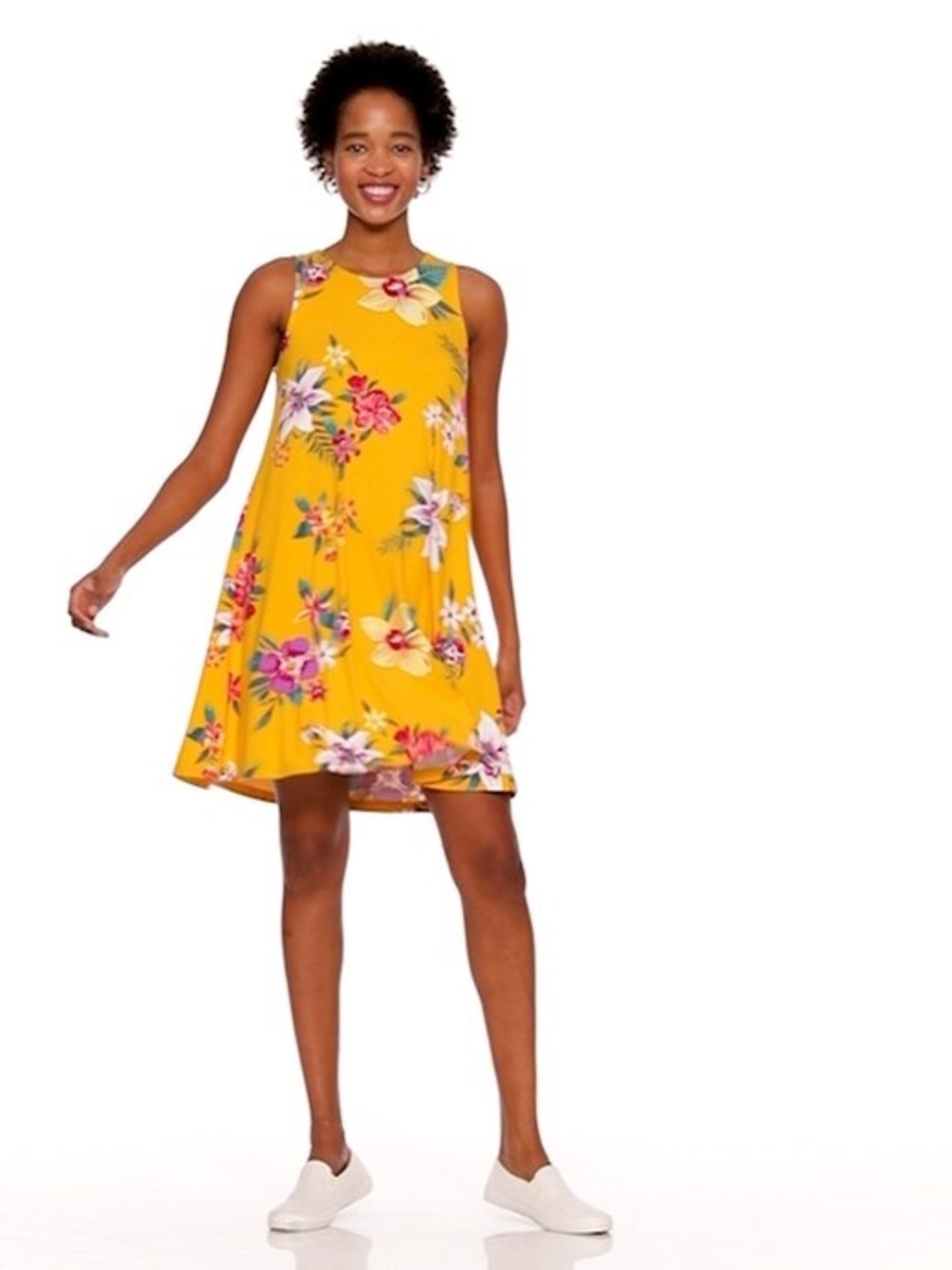 Old Navy Women’s Mustard Floral Sleeveless Tropical Jersey Swing Dress